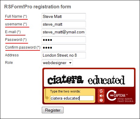 Joomla! registration form created with RSForm!Pro